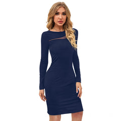 Women's Knitting strachable Solid Round Neck Full Sleeve Dresses (Blue )