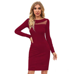 Women's Knitting strachable Solid Round Neck Full Sleeve Dresses (Maroon)