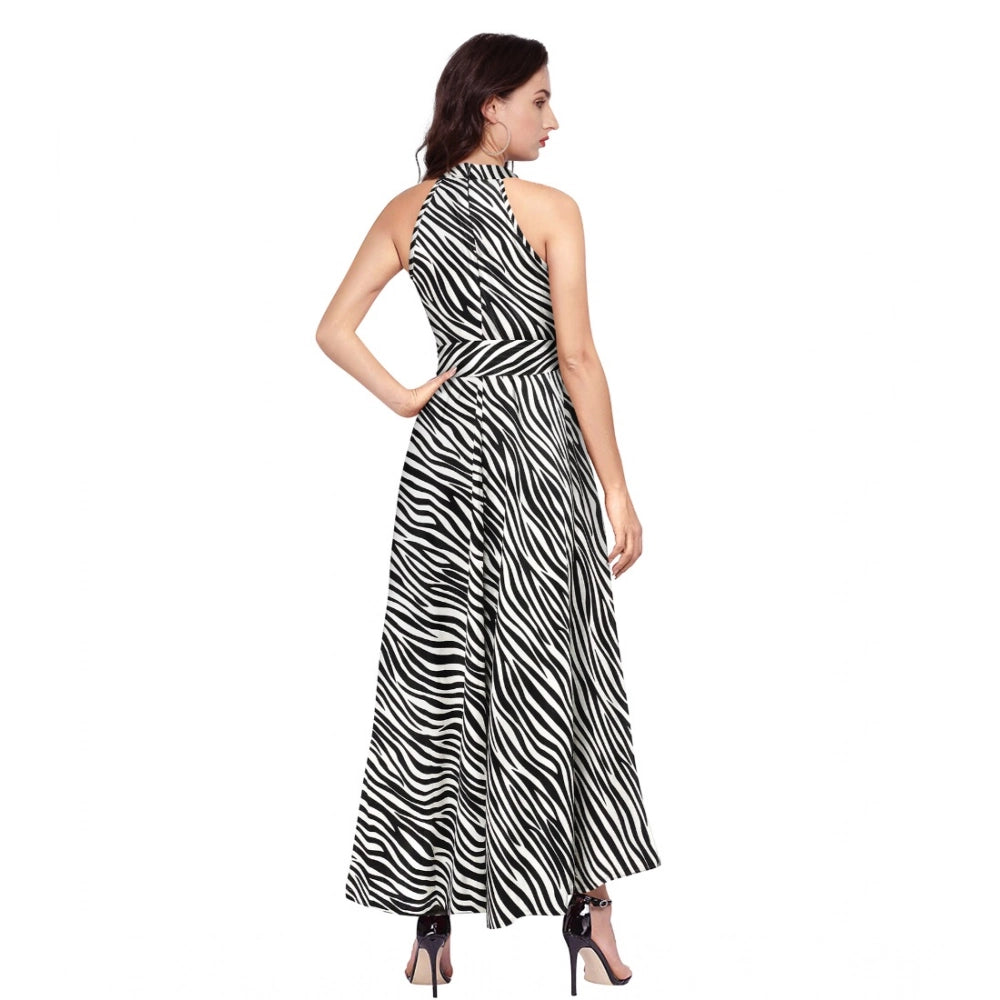 Women's Polyster Zebra Pattern Helter Neck Sleeveless Dresses (White)