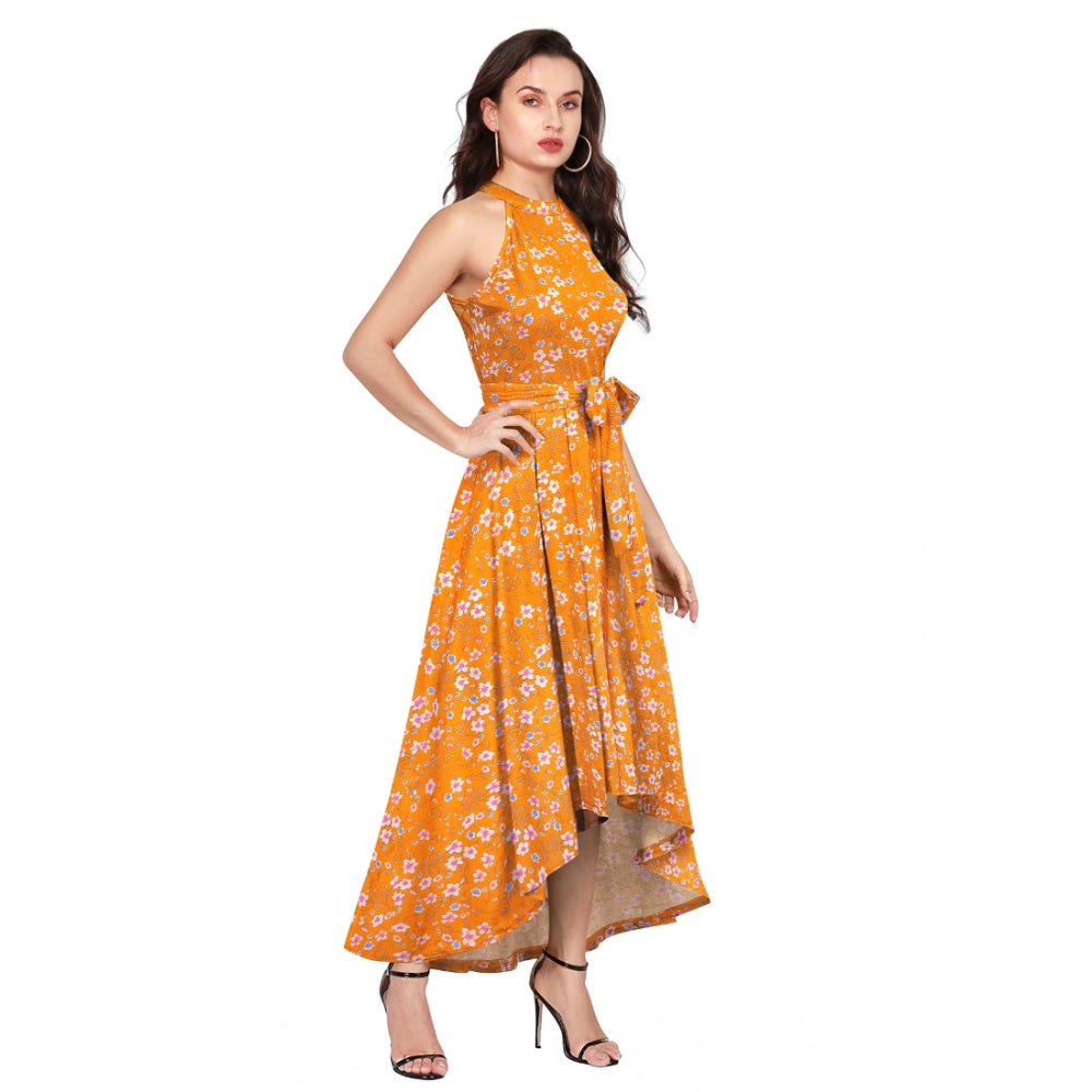 Women's Polyster Printed Helter Neck Sleeveless Dresses (Yellow)