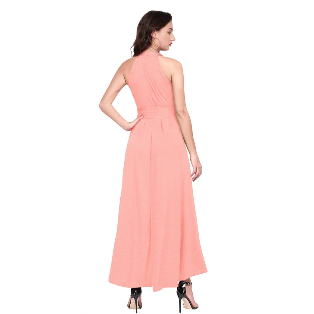 Women's Polyster Solid Helter Neck Sleeveless Dresses (Peach)