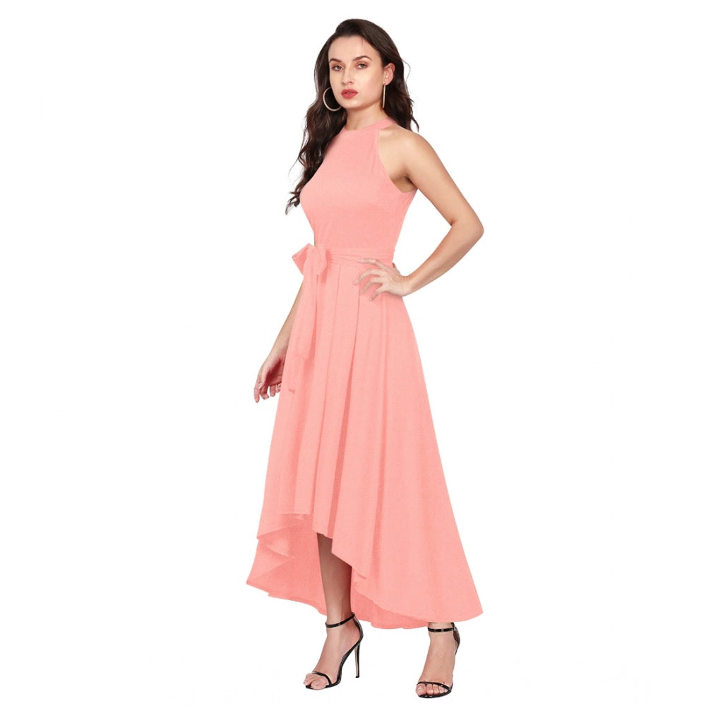 Women's Polyster Solid Helter Neck Sleeveless Dresses (Peach)