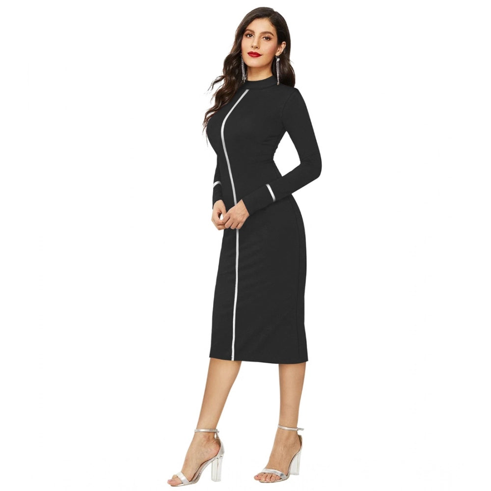 Women's Knitting strachable Solid Round Neck Full Sleeve Dresses (Black)