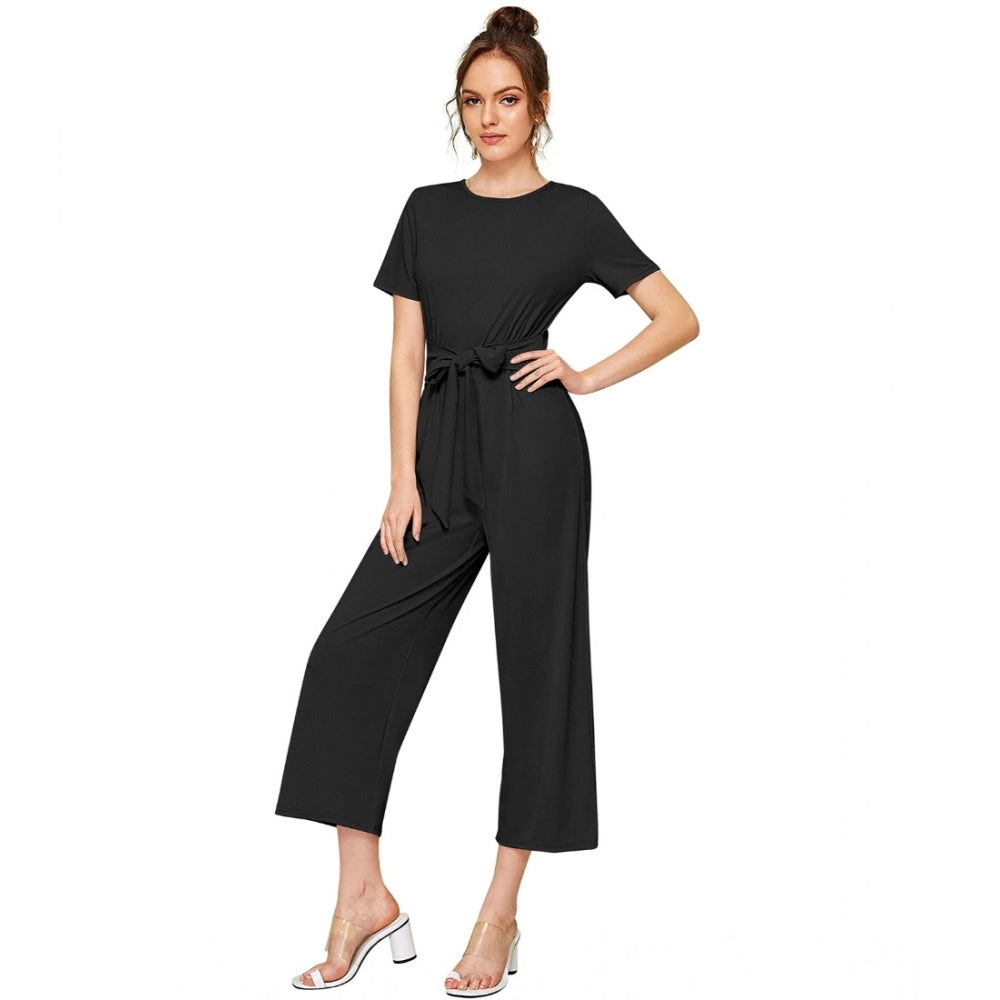 Women's Knitting strachable Solid Round Neck Cap Sleeve Jumpsuit (Black)