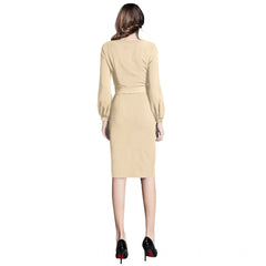 Women's Knitting strachable Solid Round Neck Full Sleeve Dresses (Beige )