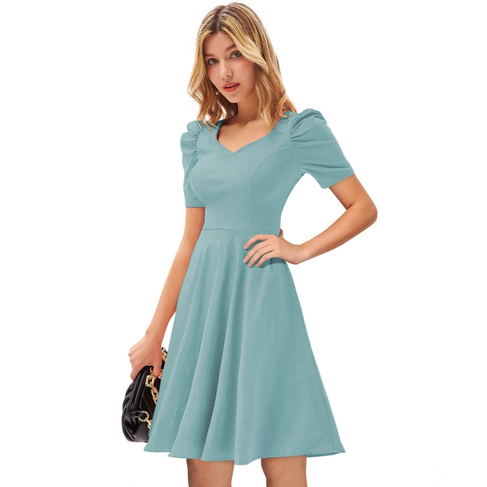 Women's Knitting strachable Solid V Neck Cap Sleeve Dresses (Pista)