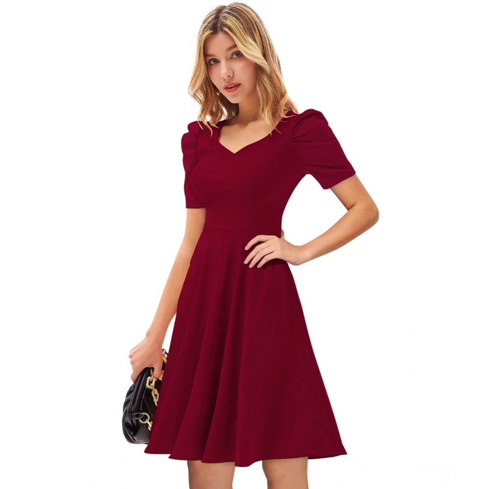 Women's Knitting strachable Solid V Neck Cap Sleeve Dresses (Maroon)