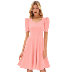 Women's Knitting strachable Solid V Neck Cap Sleeve Dresses (Peach)