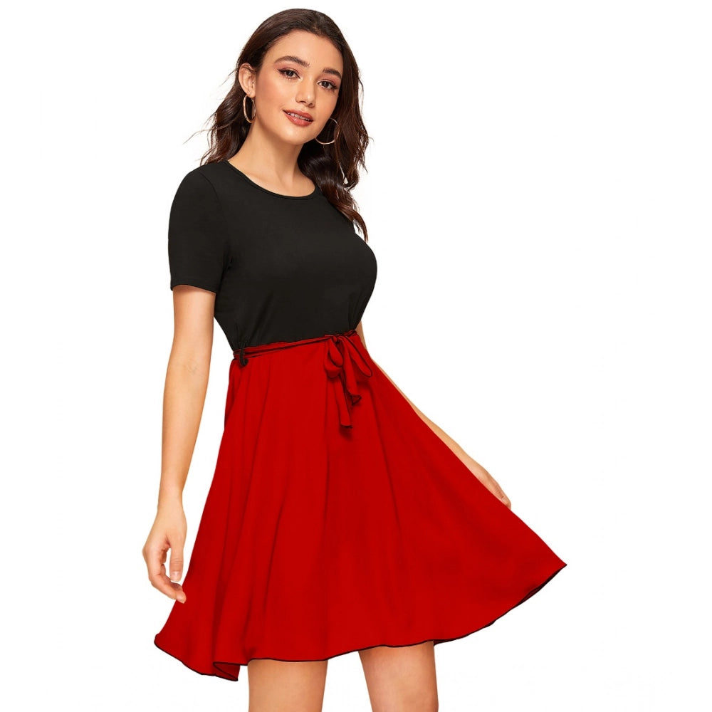 Women's Knitting strachable Solid Round Neck Cap Sleeve Dresses (Red)