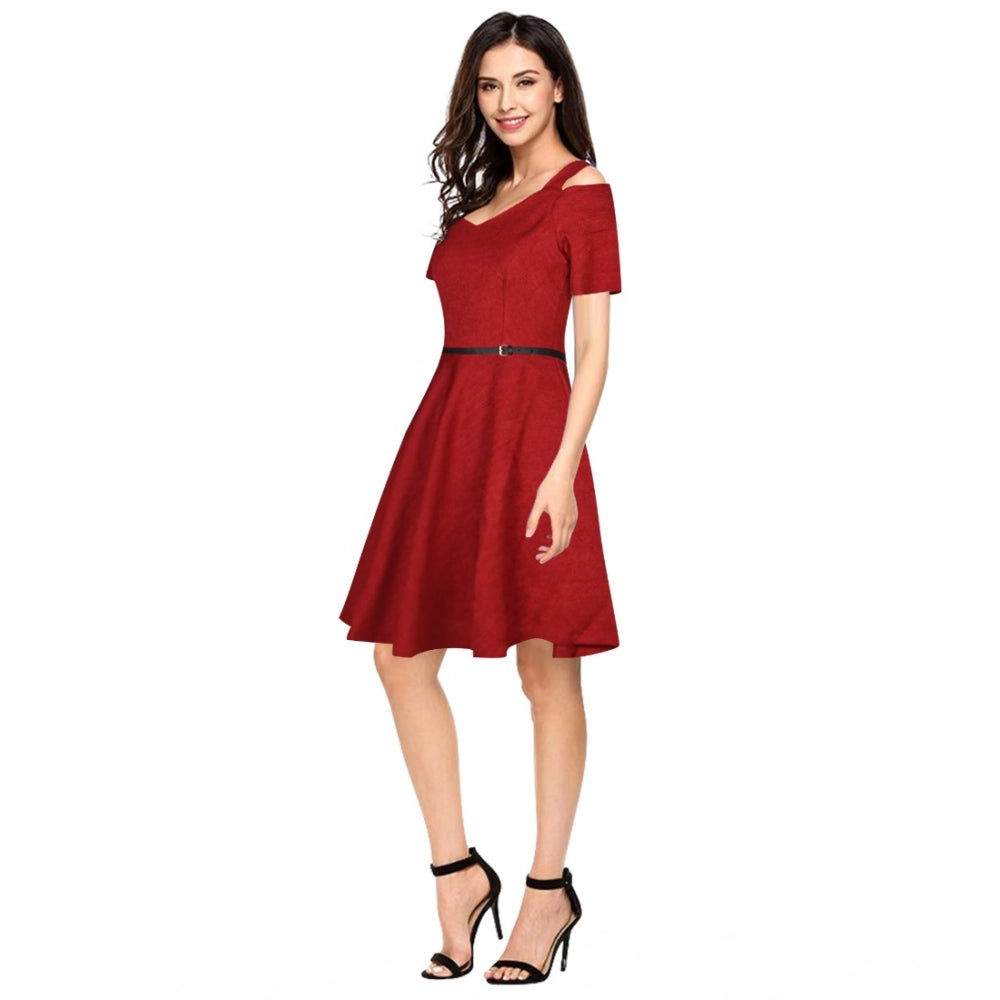 Women's Polyster Solid V Neck Cap Sleeve Dresses (Maroon)