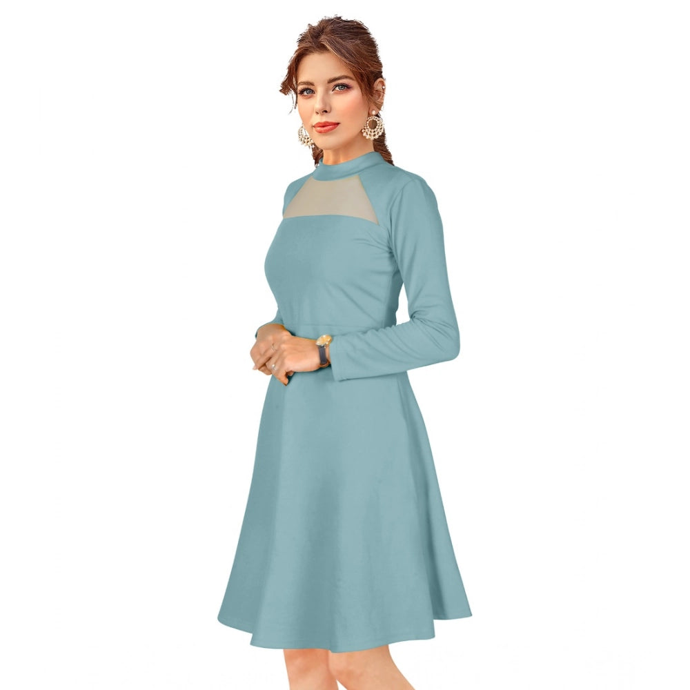 Women's Knitting strachable Solid Round Neck Full Sleeve Dresses (Pista)