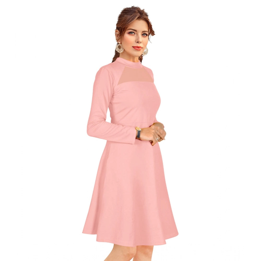 Women's Knitting strachable Solid Round Neck Full Sleeve Dresses (Peach)