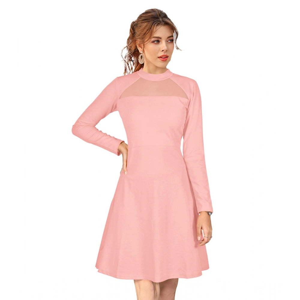 Women's Knitting strachable Solid Round Neck Full Sleeve Dresses (Peach)