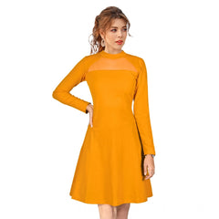 Women's Knitting strachable Solid Round Neck Full Sleeve Dresses (Yellow)