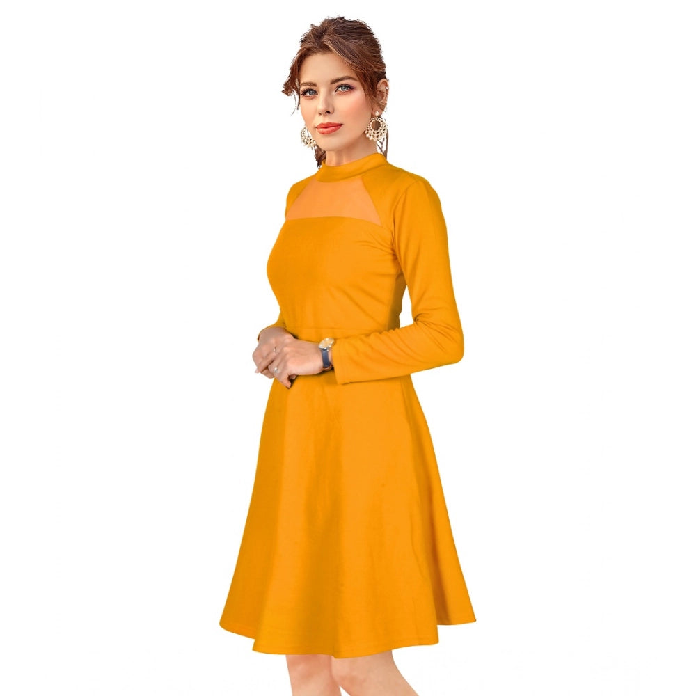 Women's Knitting strachable Solid Round Neck Full Sleeve Dresses (Yellow)