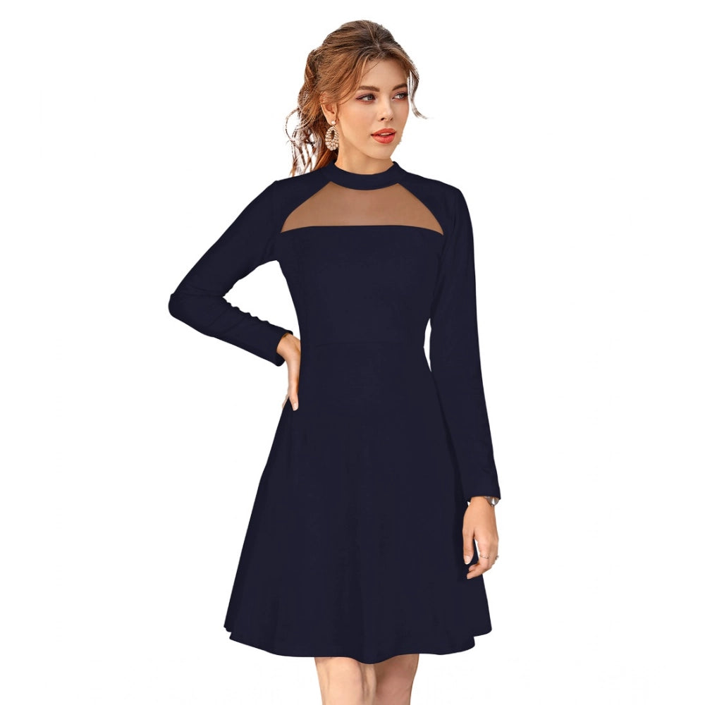 Women's Knitting strachable Solid Round Neck Full Sleeve Dresses (Blue)