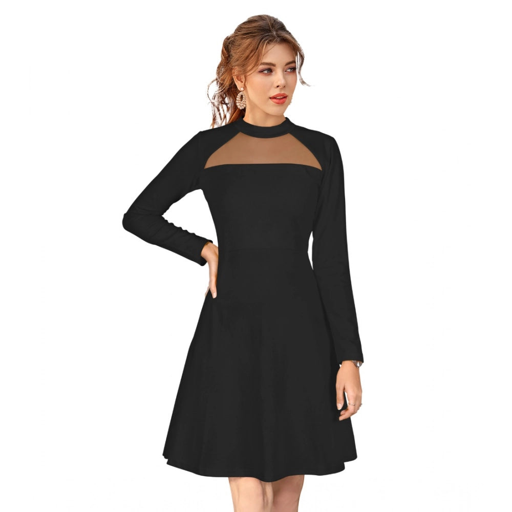 Women's Knitting strachable Solid Round Neck Full Sleeve Dresses (Black)