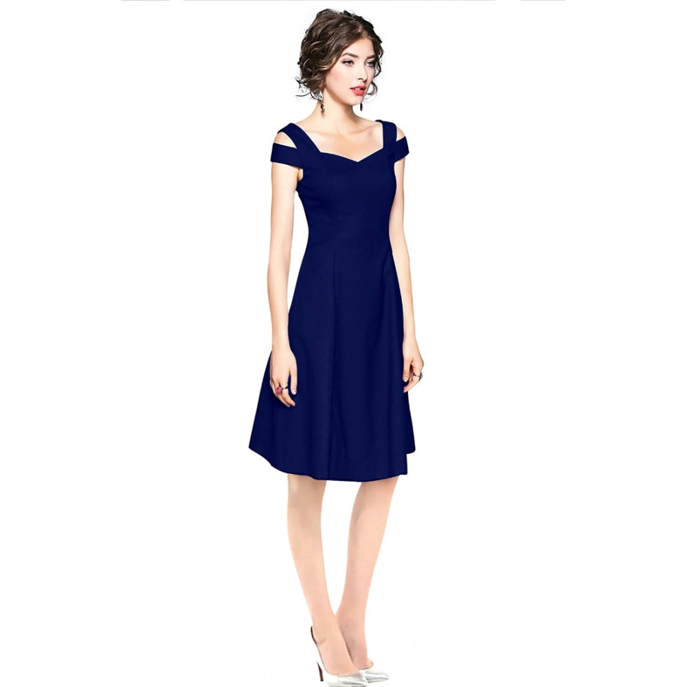 Women's Polyster Solid V Neck Cap Sleeve off Sholder Dresses (Blue)