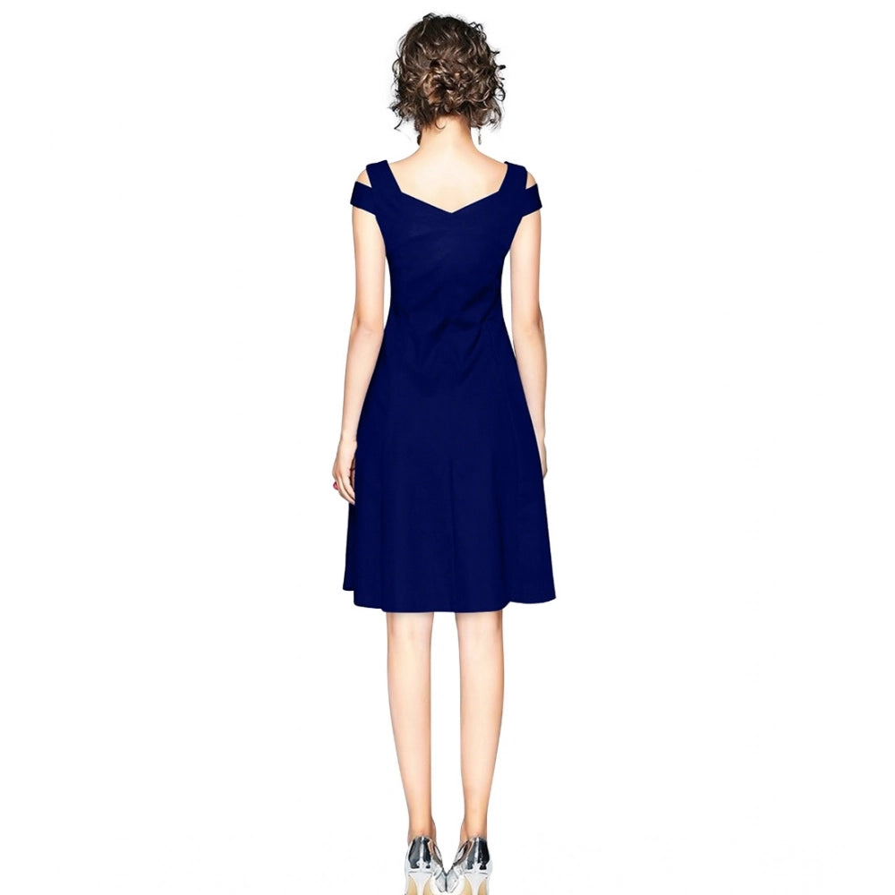 Women's Polyster Solid V Neck Cap Sleeve off Sholder Dresses (Blue)