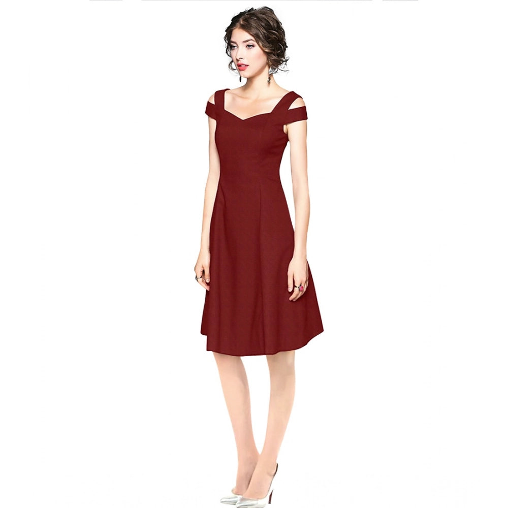 Women's Polyster Solid V Neck Cap Sleeve off Sholder Dresses (Maroon)