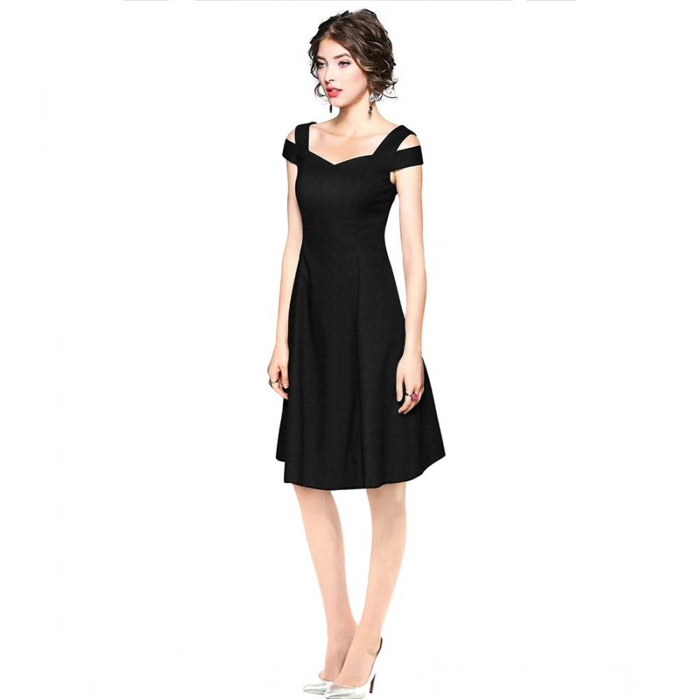 Women's Polyster Solid V Neck Cap Sleeve off Sholder Dresses (Black)