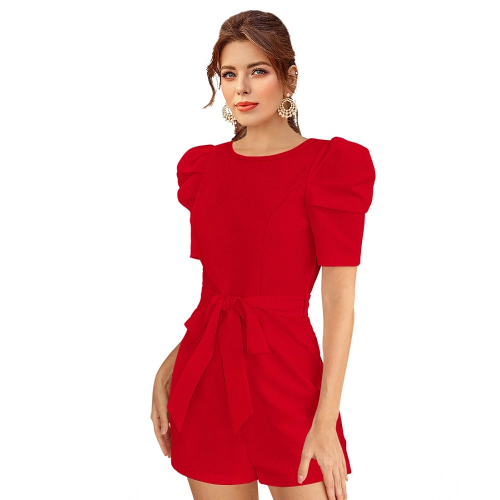 Women's Knitting strachable Solid Round Neck 3-4 Puff Sleeve Dresses (Red )