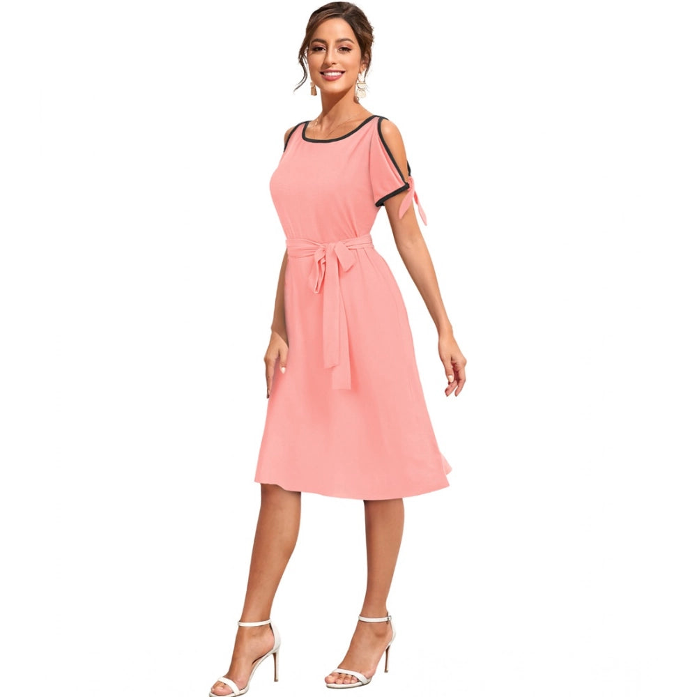 Women's Knitting strachable Solid Round Neck Sleeveless Dresses (Peach)