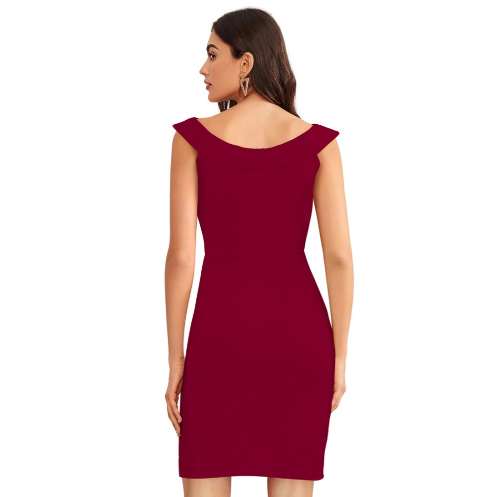 Women's Knitting strachable Solid Round Neck Sleeveless Dresses (Maroon)