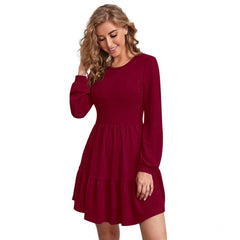 Women's Knitting strachable Solid Round Neck Full Sleeve Dresses (Maroon)