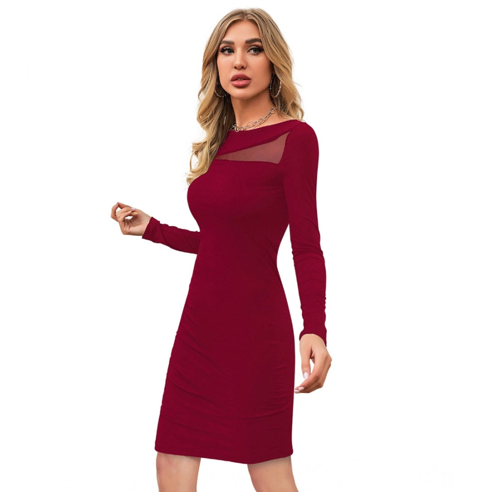 Women's Knitting strachable Solid Round Neck Full Sleeve Dresses (Maroon)