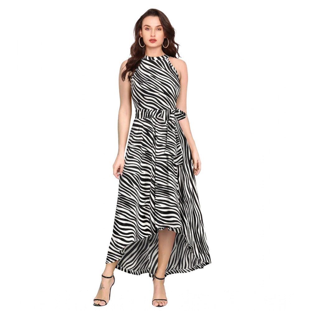 Women's Polyster Zebra Pattern Helter Neck Sleeveless Dresses (White)