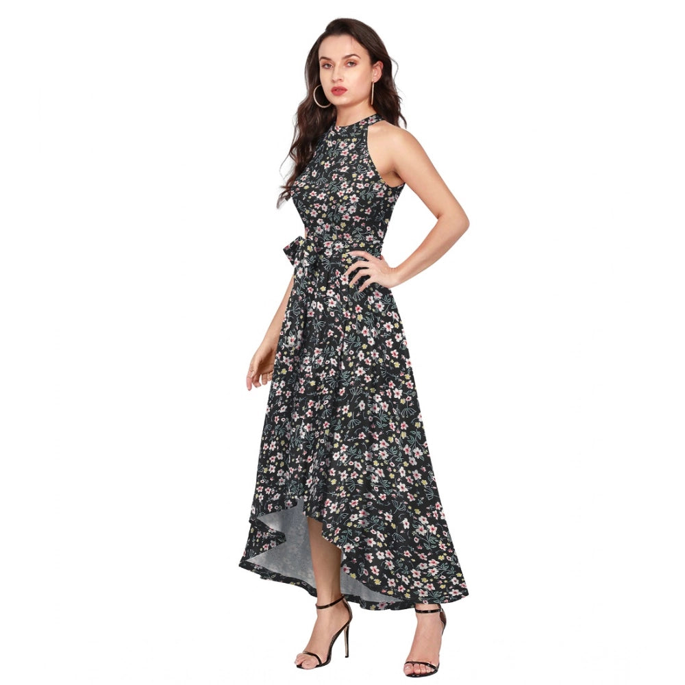 Women's Polyster Printed Helter Neck Sleeveless Dresses (Black)