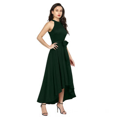 Women's Polyster Solid Helter Neck Sleeveless Dresses (Green)