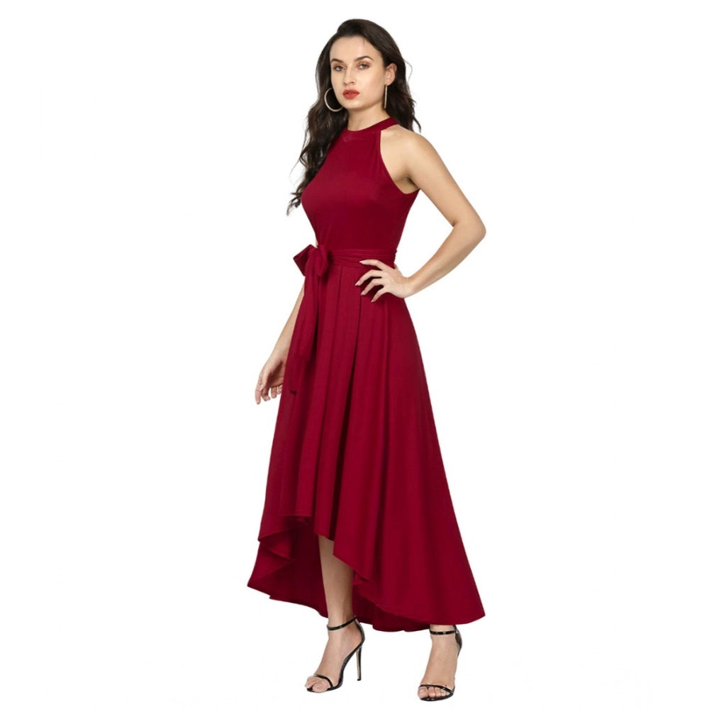 Women's Polyster Solid Helter Neck Sleeveless Dresses (Maroon)