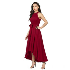 Women's Polyster Solid Helter Neck Sleeveless Dresses (Maroon)