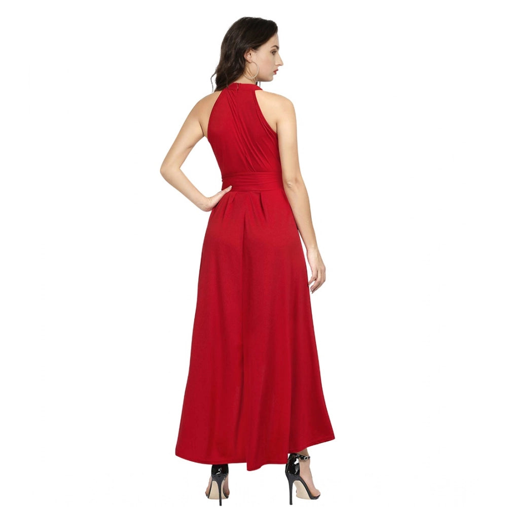 Women's Polyster Solid Helter Neck Sleeveless Dresses (Red)