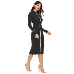 Women's Knitting strachable Solid Round Neck Full Sleeve Dresses (Black)