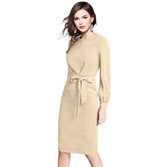 Women's Knitting strachable Solid Round Neck Full Sleeve Dresses (Beige )