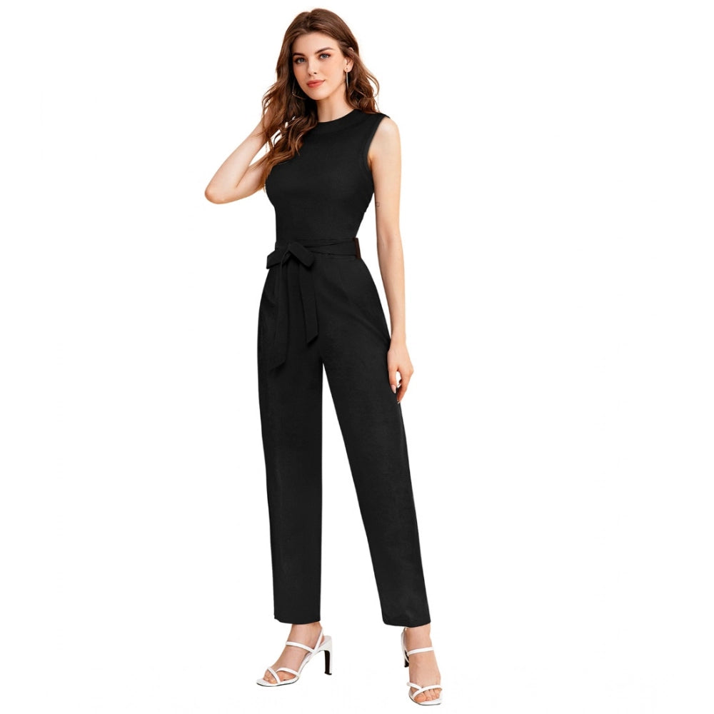 Women's Knitting strachable Solid Round Neck Sleeveless Jumpsuit (Black)