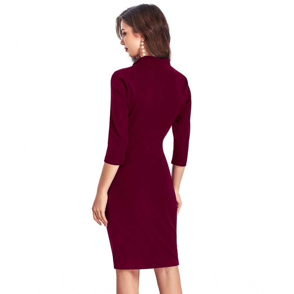 Women's Knitting strachable Solid Round Neck 3-4th Dresses (Maroon)