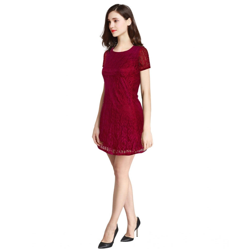 Women's Rasal Solid Round Neck Cap Sleeve Dresses (Maroon)