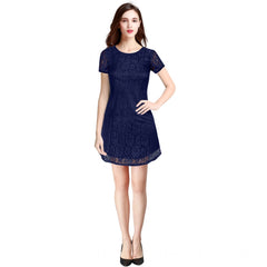 Women's Rasal Solid Round Neck Cap Sleeve Dresses (Blue)