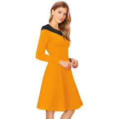 Women's Knitting strachable Solid Round Neck Full Sleeve Dresses (Yellow)