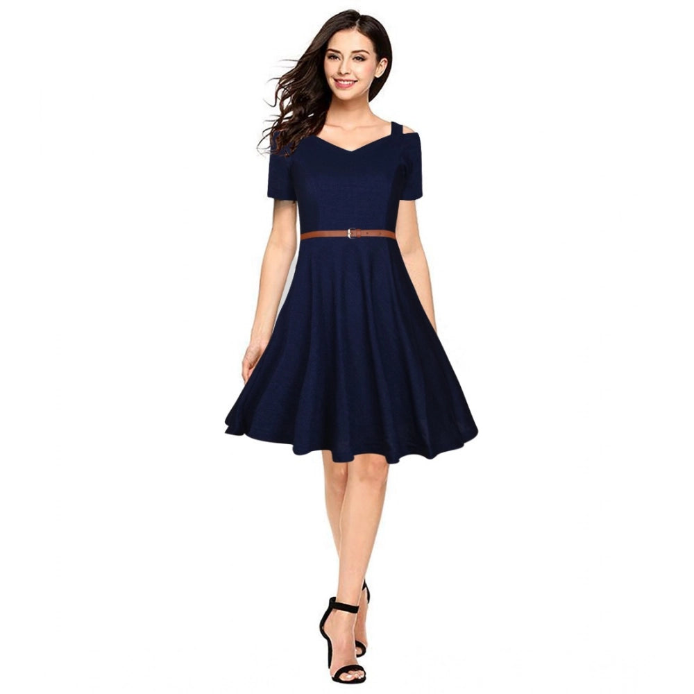 Women's Polyster Solid V Neck Cap Sleeve Dresses (Blue)