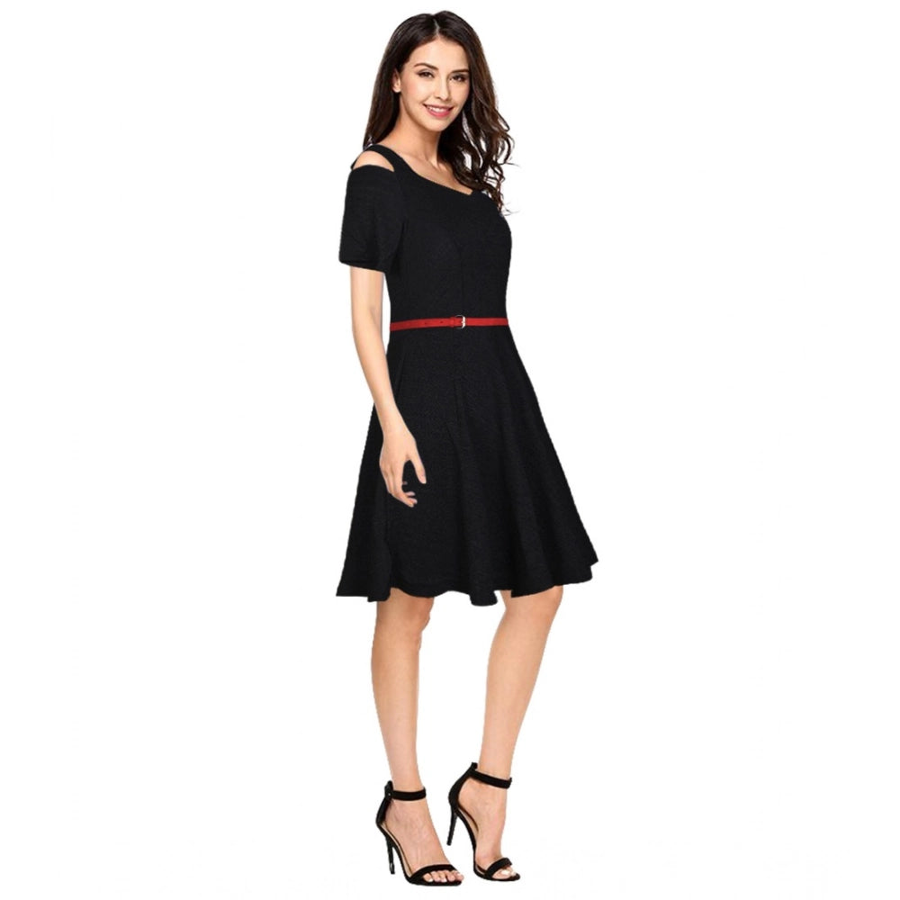 Women's Polyster Solid V Neck Cap Sleeve Dresses (Black)