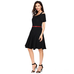 Women's Polyster Solid V Neck Cap Sleeve Dresses (Black)