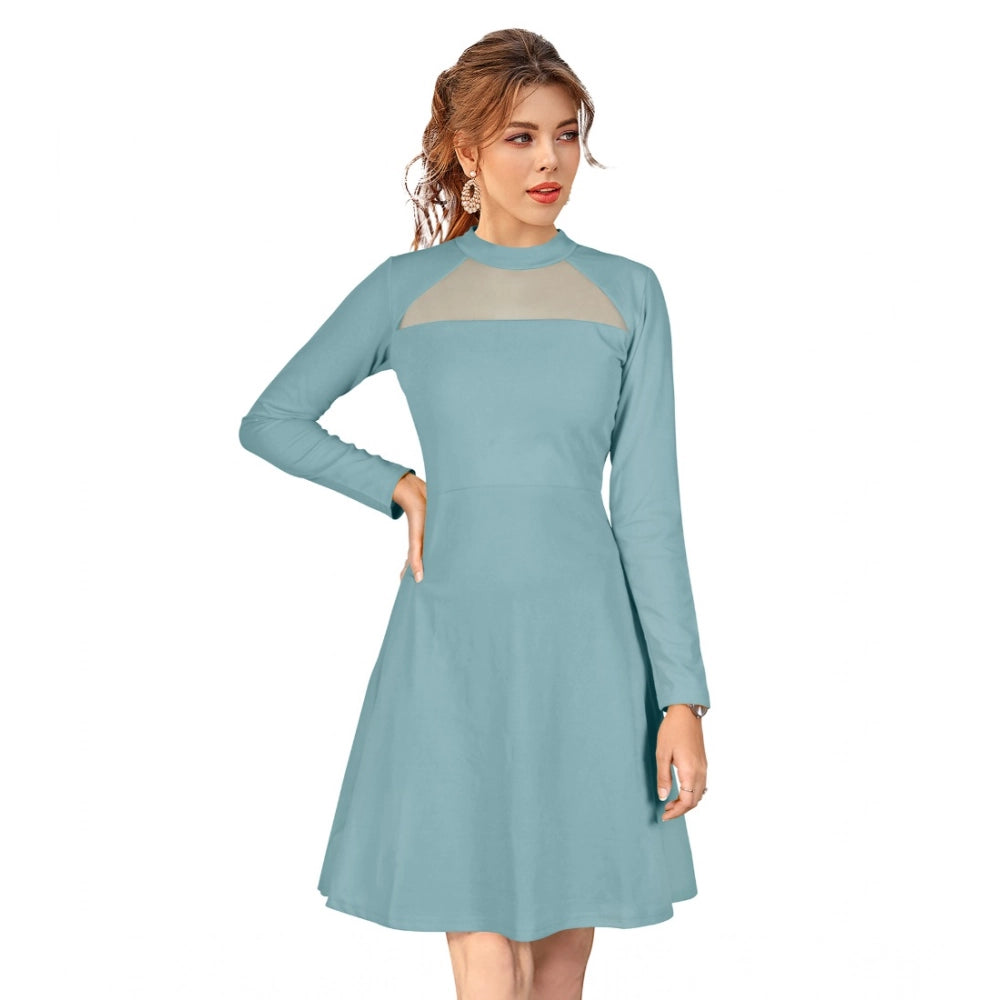 Women's Knitting strachable Solid Round Neck Full Sleeve Dresses (Pista)