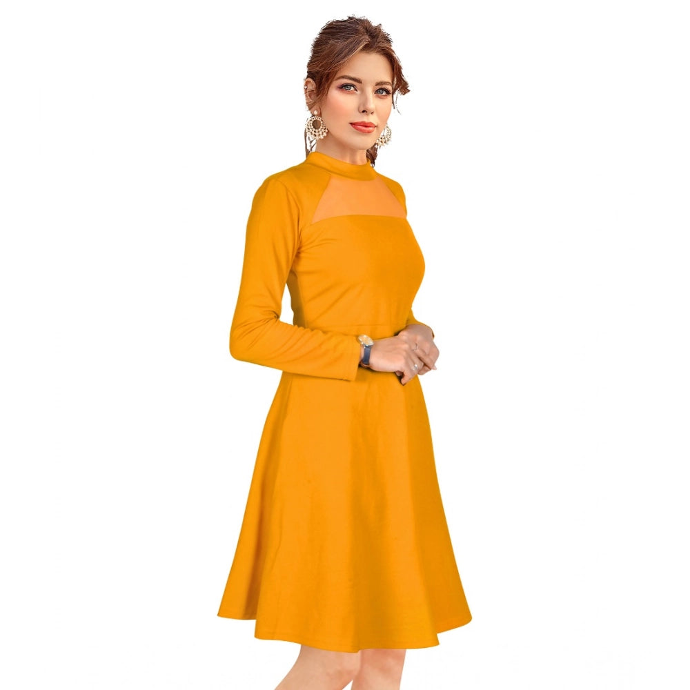 Women's Knitting strachable Solid Round Neck Full Sleeve Dresses (Yellow)