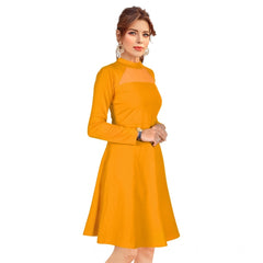 Women's Knitting strachable Solid Round Neck Full Sleeve Dresses (Yellow)