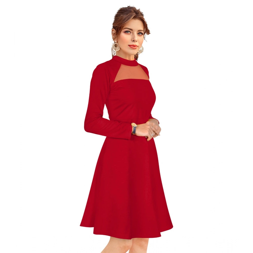 Women's Knitting strachable Solid Round Neck Full Sleeve Dresses (Red)